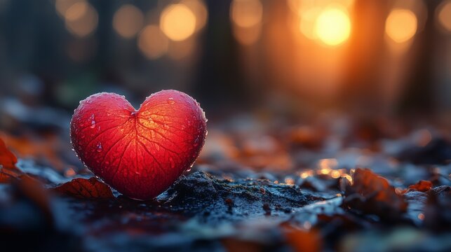 A heart-shaped leaf with dewdrops rests on autumn leaves in a sunlit forest setting. - Powered by Adobe