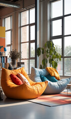 Modern Living Room Interior with Orange and Blue Armchairs