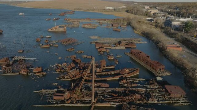 front lit flying over Staten Island Boat Graveyard