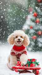 cute poodle dog with cristmas tree and presents xmas and new year background