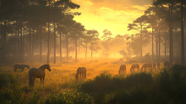 Horses Grazing in a Misty Forest at Sunrise