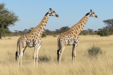Pair of Giraffes in Serene Grassland Landscape