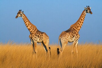 Obraz premium Two Giraffes in Tall Grass Under Clear Blue Sky