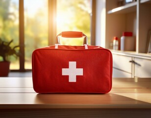 A red first-aid kit with a white cross on the table, emergency healthcare.