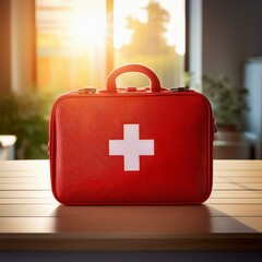 A red first-aid kit with a white cross on the table.