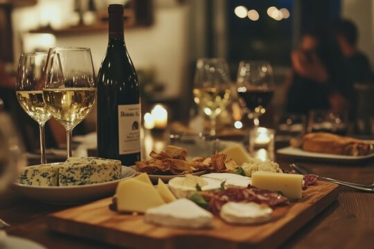 Elegant Cheese and Wine Dinner Table Spread