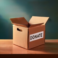 A cardboard box siting on a table with the word DONATE marking on it,  helping people concept, square photo.