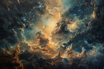 Fototapeta premium A mesmerizing depiction of a cosmic nebula with swirling clouds and stars, showcasing the beauty of the universe.