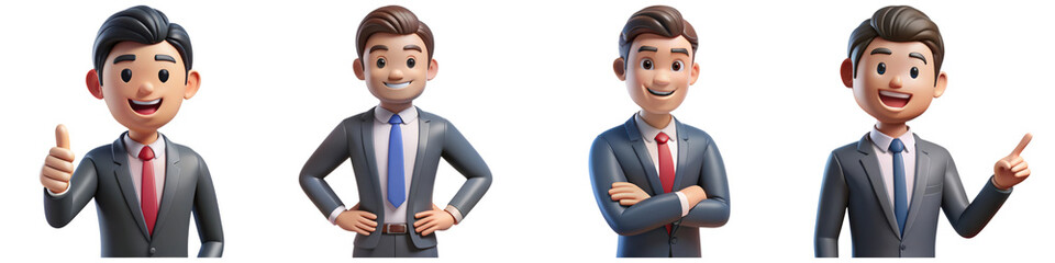 3D Businessman characters various expression. Four animated characters in business attire, each displaying different expressions and poses, suggesting professionalism and adaptability.