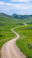 Fototapeta premium A serene winding road through vast green hills and clear blue skies, inviting adventure and exploration in nature's beauty.