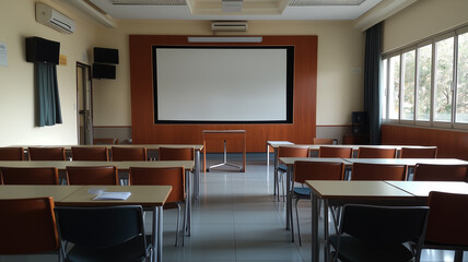 An empty classroom with a large whiteboard at the front, chairs and tables neatly arranged, creating a quiet and organized learning atmosphere