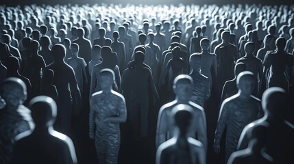 Obraz premium A large crowd of people gather in a dark space, illuminated by a single light source.