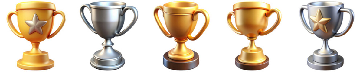 Victory award collection. Five distinct trophies in silver and gold, showcasing a variety of designs, perfect for awards and achievements.