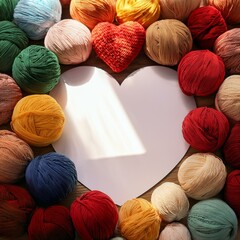A white heart-shaped paper is surrounded by many colorful yarn.
