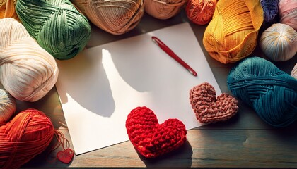 A white paper is surrounded by a pen and many colorful yarn.