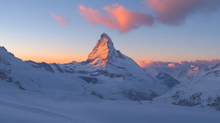 Majestic Matterhorn peak at sunrise, casting a warm glow on the snow-covered Swiss Alps.