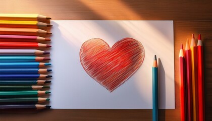 A variety of colored pencils and a blank sheet of paper sit ting on a table. A red heart is drawn on the paper.