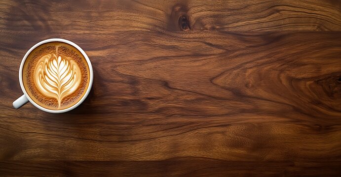 Cappuccino coffee with latte art on a wooden table, top view, flat lay background. Generative AI