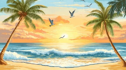 Fototapeta premium Tropical Beach with Palm Trees, Seagulls, and Sunset Waves in Vector Style
