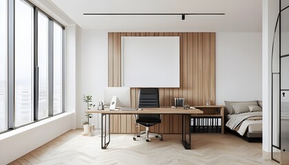 Fototapeta premium minimalist office space with a Scandinavian design style. The layout features a spacious room with large floor-to-ceiling windows on the left, allowing natural light to flood the space.
