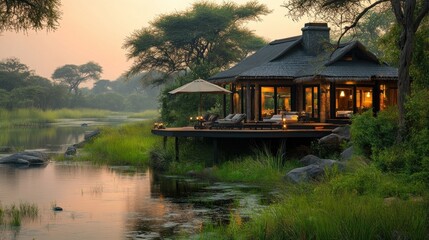 Obraz premium Serene lodge by a tranquil waterway at sunset.