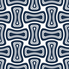 Seamless repeating pattern with small rectangular dark blue geometric shapes, isolated on a white background. Elegant and contemporary design. Abstract vector illustration.