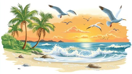 Tropical Beach with Palm Trees, Seagulls, and Sunset Waves in Vector Style
