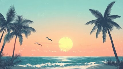 Fototapeta premium Tropical Beach with Palm Trees, Seagulls, and Sunset Waves in Vector Style