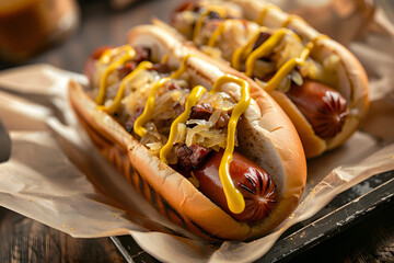 Authentic New York hot dog with sauerkraut and mustard for classic street food flavor