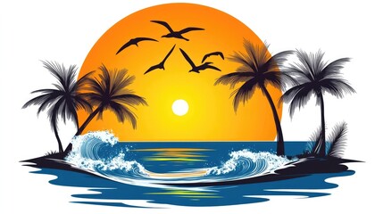 Fototapeta premium Tropical Beach with Palm Trees, Seagulls, and Sunset Waves in Vector Style