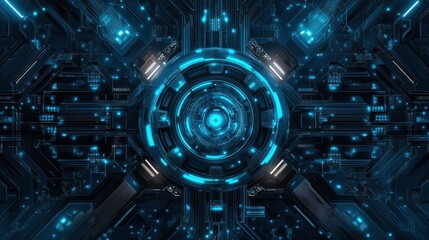 Science fiction supercomputer design, futuristic high-tech CPU, circuit board digital technology background, blue glowing microchip design
