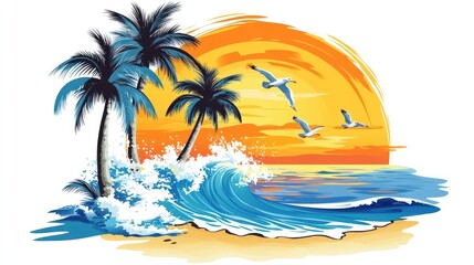 Obraz premium Tropical Beach with Palm Trees, Seagulls, and Sunset Waves in Vector Style