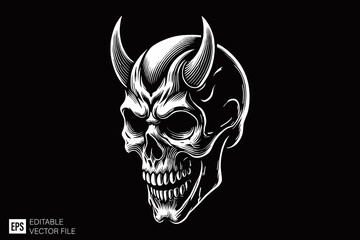 Obraz premium skull demon head dark art style vector design black and white illustration