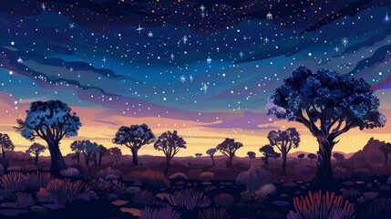 Fototapeta premium Twilight Forest Landscape with Stars and Trees