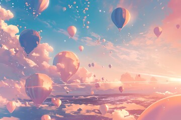 Fototapeta premium A Sky Filled with Hot Air Balloons at Sunset