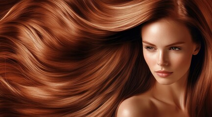 Obraz premium A close-up of a woman's radiant, flowing red hair, emphasizing shine and texture, set against a warm backdrop.