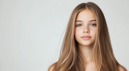 Fototapeta premium A portrait of a young girl with long, straight hair, gazing directly at the camera against a neutral background, exuding a calm and serene expression.