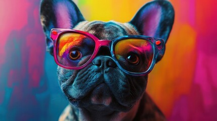 Colorful French bulldog, crazy pug dog with neon glasses