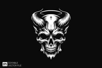 skull demon head dark art style vector design black and white illustration