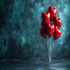 Colorful heart-shaped balloons in various shades of red, pink, and blue floating with soft light reflections.