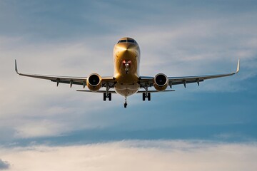 Naklejka premium Beautiful Gold Aircraft in Descent Isolated on a Sky Background