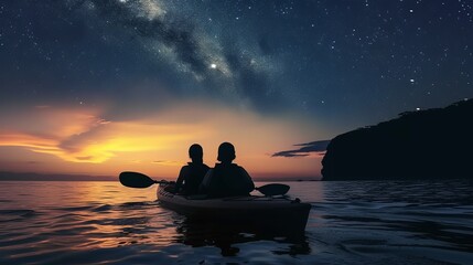Silhouettes of two people in a kayak under a starry sky with the Milky Way.