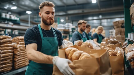 Bakery workers in green aprons package fresh bread in paper bags, showing teamwork in a production facility.
