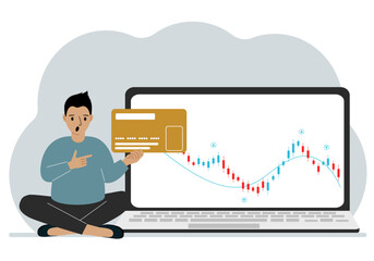 A laptop with a promo page of stock trading or trading on the stock exchange next to a man holding a plastic card. Financial chart for buying and selling in the stock market. Vector flat illustration