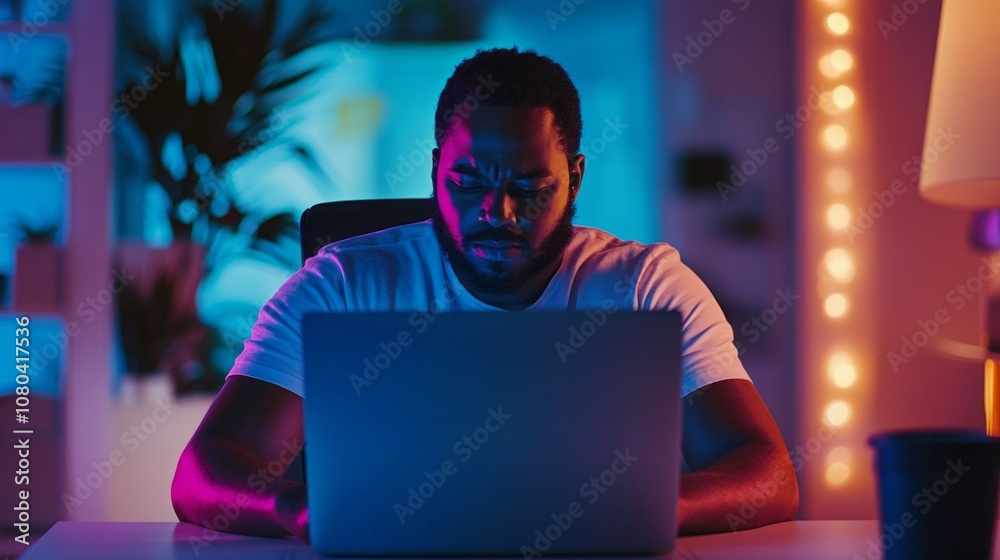 Poster a man is sitting at a desk with a laptop in front of him