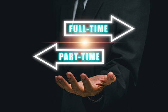 Illustration depicting the choice between full-time and part-time employment with directional arrows and a business theme.