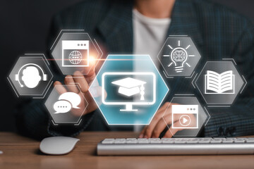 Explore the digital world of e-learning with virtual icons representing online education,...