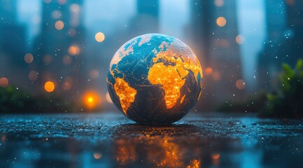 Fototapeta premium A glowing Earth globe in the city at night.