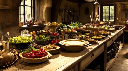 A Rustic Kitchen Table Laden with a Festive Feast of Pies, Pastries, Fruit, and Vegetables