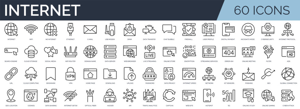 Set of 60 outline icons related to internet. Linear icon collection. Editable stroke. Vector illustration	